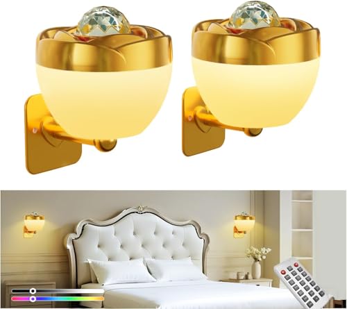 KZT 2 Stück LED Wandleuchte Innen Kabellos Akku Wandlampe mit Fernbedienung RGB Dimmbar Touch Control Nachttischlampe, Magnetisch, 2000mAh, 360° Drehbare, für Wohnzimmer Schlafzimmer Flur, Gold von KZT