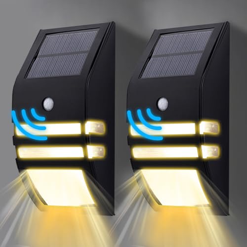 KZT 2 Stück Solar Außenleuchte mit Bewegungsmelder 3000K Warmweiß Solarlampen für Außen IP65 Wasserdichte Treppenlicht Solarleuchten für Garten Veranda Terrasse Garage Zaun Solar Wandleuchte, Schwarz von KZT