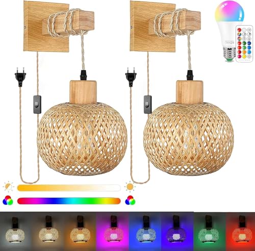 2Pcs Vintage boho Wandleuchte mit Stecker,16 RGB Dimmable Vintage Nachttischlampe Rattan Bambus Lampenschirm,Wandb efestigung Leselampe,Rustikal Seil Wandlampe, E27 für Schlafzimmer Wohnzimmer Flur von KZT