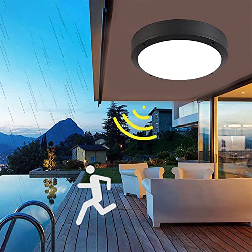 KZT Außen Deckenleuchte mit Bewegungssensor IP65 wasserfest Badlampe 18W LED Deckenlampe mit Dämmerungssens Aluminium rund Deckenlampe für Flur Keller Treppe Ausgang Balcony Lounge Kaltweiß Ø27.5CM von KZT