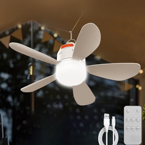 KZT Camping Deckenventilator mit Licht und Fernbedienung LED Dimmbar Campinglampe mit Ventilator USB Aufladbar Tragbare Zeltleuchte mit Aufhängehaken und Stativ für Auto Angeln Lüfterlicht von KZT