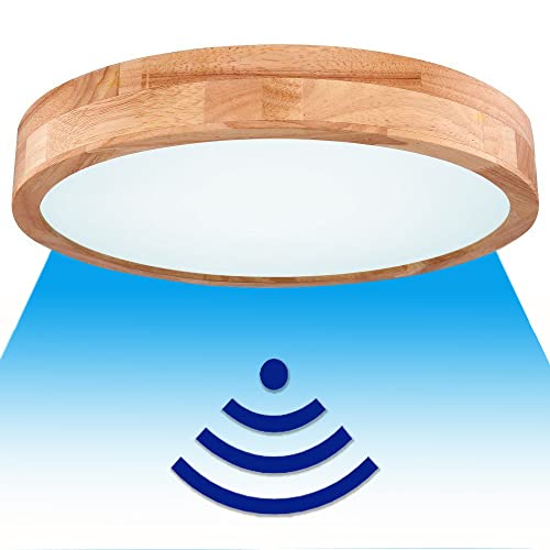 KZT Deckenleuchte Holz mit Radar Bewegungsmelder LED Innen Runde Deckenlampe Sensor Holzlampe Warmweiß 3000K Flur Treppenhaus Eingang Balkon Deckenbeleuchtung (Kaltweiß-6000K) von KZT