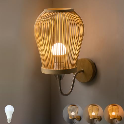 KZT E27 Vintage Wandleuchte Retro Dimmbar Nachttischlampe Leselampe mit Handgewebter Bambus Lampenschirm Holz Rustikal Wandlampe für Schlafzimmer Wohnzimmer Esszimmer Flurlampe(mit Glühbirne) von KZT