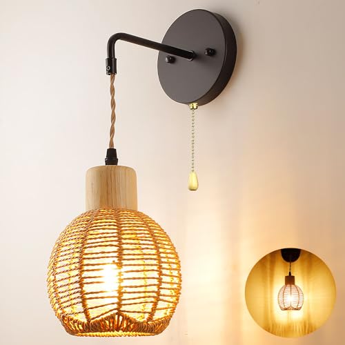 KZT Innen Wandlampe mit Zugschalter Vintage Rattan Wandleuchte E27 Vintage Industrial Wandleuchten Handgewebte Lampenschirm Holz Nachttischlampe für Schlafzimmer Wohnzimmer Treppen Korridor von KZT