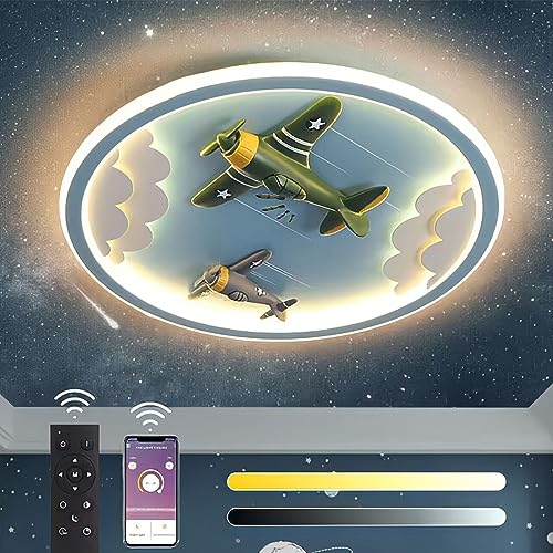 KZT Kinderzimmerlampe LED Deckenleuchte mit Fernbedienung APP 56W Dimmbar Deckenbeleuchtung 3D Flugzeug Deckenlampe Jungen Mädchen Runde Nachtlicht für Babyzimmer Schlafzimmer Kindergarten Geburtstag von KZT