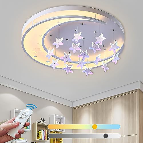 KZT LED Deckenleuchte Dimmbar mit Fernbedienung Sterne Und Mond Pendelleuchte Modern Kinderzimmer Deckenlampe Junge Mädchen Runden Acryl Deckenbeleuchtung für Babyzimmer Schlafzimmer Kindergarten von KZT