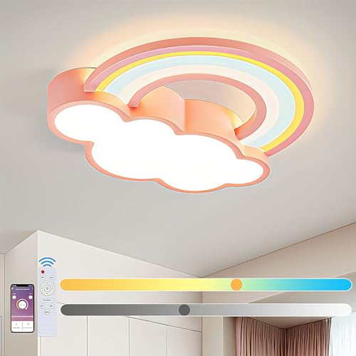 KZT LED Deckenleuchte Dimmbar mit Fernbedienung Wolken Regenbogen Deckenlampe Modern Junge Mädchen Kinderzimmer Pendelleuchte für Babyzimmer Schlafzimmer Wohnzimmer Hotel Deckenbeleuchtung, Rosa von KZT