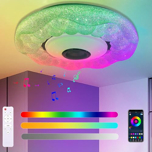 KZT LED Deckenleuchte Farbwechsel mit Bluetooth RGB Dimmbar Deckenlampe mit Fernbedienung und App Sternenhimmel Musik Deckenbeleuchtung für Schlafzimmer Wohnzimmer Kinderzimmer Hotel Musik Lampe von KZT