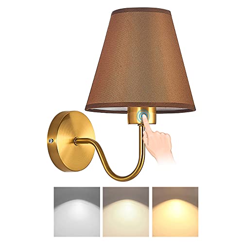 KZT LED Dimmbar Wandleuchte Innen mit Touch Control Wandlampe E27 14W Modern Nachttisch Leselampe aus Leinen Stoff Wandbeleuchtung für Schlafzimmer Wohnzimmer Korridor Büro Hotel Flur Lampe (Braun) von KZT