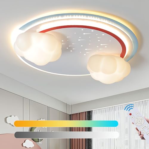 KZT LED Kinderzimmer Deckenleuchte Dimmbar Deckenlampe mit Fernbedienung Modern Wolken Regenbogen Nachtlicht 48W Wolkenlampe für Schlafzimmer Wohnzimmer Babyzimmer Hotel 3000-6500K Kinderlampe von KZT