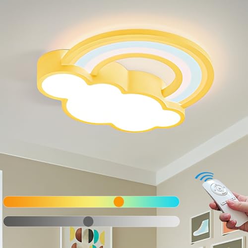 KZT LED Kinderzimmer Deckenleuchte mit Fernbedienung Modern Dimmbar Deckenlampe Wolken Regenbogen Nachtlicht Junge Mädchen Pendelleuchte für Babyzimmer Schlafzimmer Wohnzimmer Hotel Kinderlampe, Gelb von KZT
