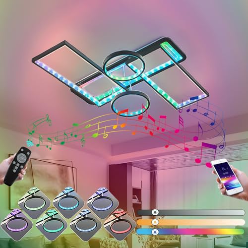 KZT LED Musik Deckenleuchte Mit Bluetooth Lautsprecher Wohnzimmerlampe Dimmbar RGB Farbwechsel Deckenlampe mit Fernbedienung Und APP Steuerung Modern Deckenbeleuchtung Kinderzimmer Schlafzimmer Lampe von KZT