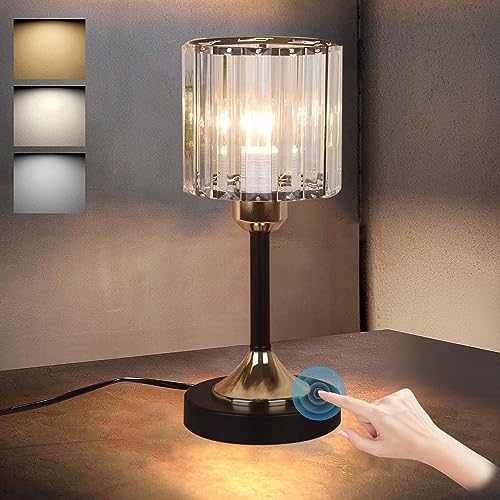 KZT LED Tischlampe aus Kristall Vintage Nachttischlampe Tischleuchte mit Touch Dimmbar 7W Industrial Design Leselamp mit Stecker für Schlafzimmer Wohnzimme Büro Nachtlicht Innenbeleuchtung Schwarz von KZT