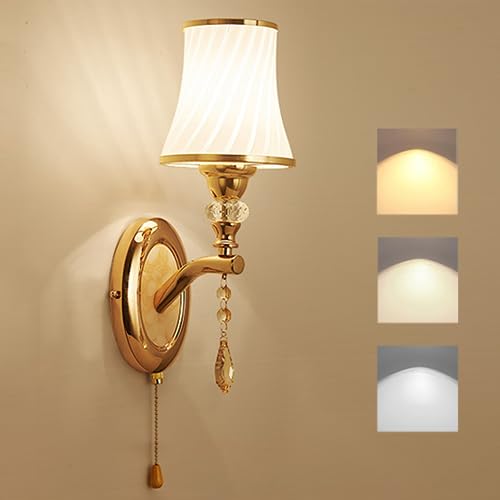 KZT LED Wandleuchte Dimmbar Wandlampe mit Zugschalter Schlafzimmer Nachttischlampe Modern Innen Wandbeleuchtung Glas Wandlicht Gold für Wohnzimmer Arbeitszimmer Flur Kinderzimmer Nachtlicht 12W von KZT