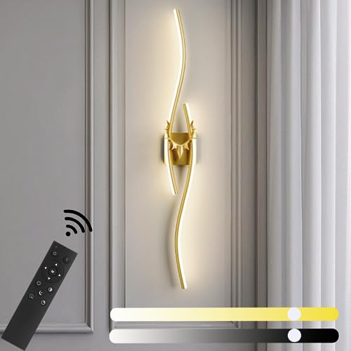 KZT LED Wandleuchte Dimmbare Wandlampe mit Fernbedienung Modern Innen Wandlicht 16W Aluminium Innenbeleuchtung Gold Lange Streifen Wandbeleuchtung Nachtischlampe für Wohnzimmer Schlafzimmer Flur von KZT