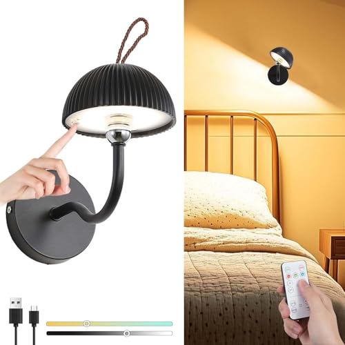 KZT LED Wandleuchte Innen Akku Wandlampe mit Fernbedienung 4000mAh Kabellos Wandleuchten Ohne Stromanschluss, Touch Dimmbar, 360° Drehbare, Magnetische Leselampe für Schlafzimmer Flur, Schwarz von KZT