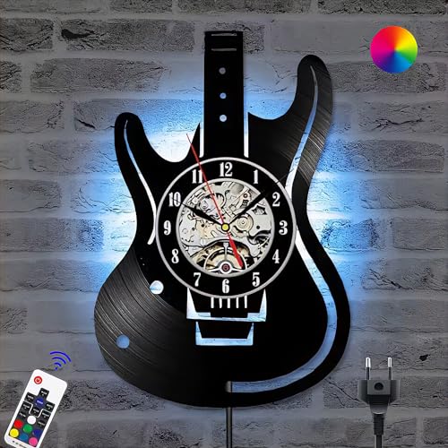 KZT RGB LED Wandleuchte mit Fernbedienung Gitarren Schallplattenuhr Wanduhr mit Wandlampe Dimmbar Wandbeleuchtung mit EU Stecker 3D Design Uhren für Wohnzimmer Schlafzimmer Bars Restaurant Wand-Deko von KZT