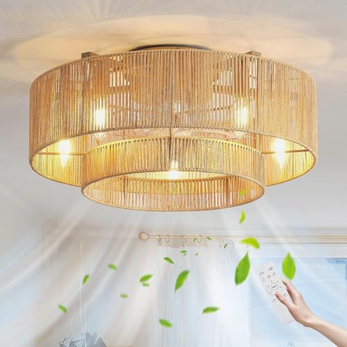 KZT Rattan Deckenventilator mit Beleuchtung und Fernbedienung E27 Deckenleuchte mit Ventilator Retro Boho Bambus Gewebt Lampe mit Ventilator Schlafzimmer Wohnzimmer Deckenventilator mit Licht Ø50CM KZT Rattan Deckenventilator mit Beleuchtung und Fernbedienung E27 Deckenleuchte mit Ventilator Retro Boho Bambus Gewebt Lampe mit Ventilator Schlafzimmer Wohnzimmer Deckenventilator mit Licht Ø50CM von KZT