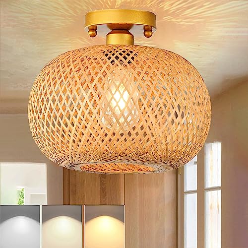 KZT Rattan Lampe Vintage Deckenleuchte Dimmbar Retro Bambus Holz Lampenschirm Deckenlampe E27 Industrielle Hängelampe für Küche Flur Wohnzimmer Schlafzimmer Esszimmer Rustikal Hängeleuchte von KZT