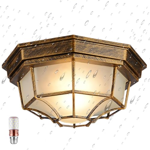 KZT E27 Antik Deckenbeleuchtung, IP54 Wasserdichte Retro Deckenleuchte, Lampenschirm aus Mattglas Retro Flurlampe für Flur Restaurant Wohnzimmer Küche Büro 30cm Farbe Bronze. von KZT