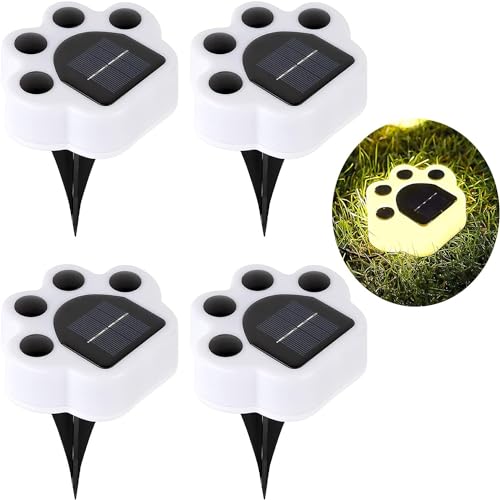 KZT Solar Pfad-Lichter 4 Stücke, Haustier Pfotenabdrücke LED-Leuchten, Im Freien Wasserdicht Solarlampe, Hund Katze Fußspuren Solare Gartenleuchten für Parks, Terrasse, Einfahrt, Villen (warmes Weiß) von KZT