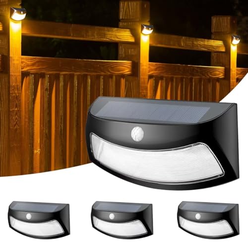KZT Solarlampen für Außen mit Bewegungsmelder 4 Stück 3 Modi Solarleuchten Treppenlicht IP65 Wasserdichte Solar Wandleuchte für Aussen Gartenlampen 3000K Warmweiß, für Zaun Balkon Wand Terrasse von KZT