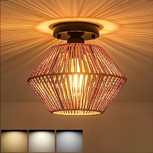 KZT Vintage Deckenleuchte Dimmbar Hanfseil Hängelampe E27 Retro Industrielle Deckenlampe Rustikal Rattan Natur Lampenschirm Lampe für Flur Küche Treppenhaus Wohnzimmer Esszimmer Kronleuchter von KZT