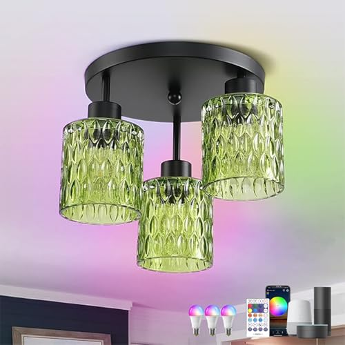 KZT Vintage Deckenleuchte Kompatibel mit Alexa und Google Assistant RGB Farbwechsel Dimmbar Deckenlampe, mit RGB+CCT Smart Glühbirne, Grüne Glas Lampenschirm, 3-Flammig Kronleuchter für Schlafzimmer KZT Vintage Deckenleuchte Kompatibel mit Alexa und Google Assistant RGB Farbwechsel Dimmbar Deckenlampe, mit RGB+CCT Smart Glühbirne, Grüne Glas Lampenschirm, 3-Flammig Kronleuchter für Schlafzimmer von KZT