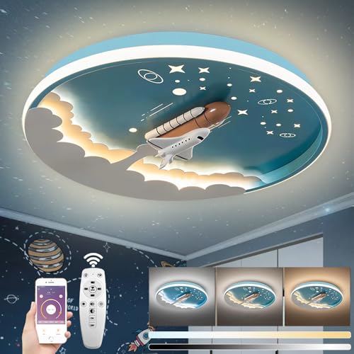 KZT 50CM Kinderzimmer Lampe Decke LED Deckenleuchte Dimmbar mit Fernbedienung Cartoon Rakete Deckenlampe Acryl Deckenbeleuchtung für Kinderzimmer Jungen Mädchen Kindergarten Babyzimmer Lampe von KZT