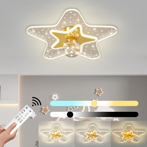 LED Deckenlampe Stern Kinderlampe 38W Dimmbar Deckenleuchte mit Fernbedienung Moderne Sternenhimmel Schlafzimmerlampe Jungen Mädchen Deckenbeleuchtung für Kinderzimmer Wohnzimmer Schlafzimmer, Gold von KZT