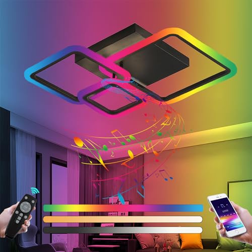 LED Deckenleuchte Dimmbar RGB Wohnzimmerlampe Musik Deckenlampe mit Bluetooth Lautsprecher Decke Lampe mit Fernbedienung und APP Deckenbeleuchtung für Schlafzimmer Kinderzimmer Esszimmer Küche, 84W von KZT