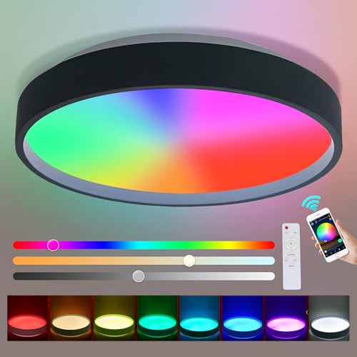 LED Deckenleuchte Dimmbar mit Fernbedienung und APP 36W RGB Farbwechsel Deckenlampe 3500LM Schwarz Schlafzimmerlampe Flach Rund Deckenbeleuchtung für Wohnzimmer Kinderzimmer Küche Flurlampe, 26CM von KZT