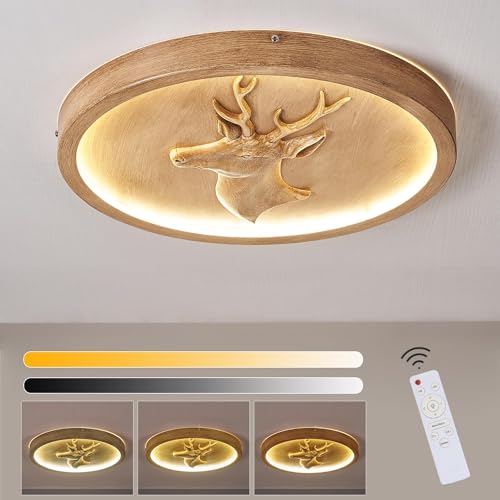 LED Deckenleuchte Holz Dimmbar Schlafzimmerlampe Modern Runde Deckenlampe mit Fernbedienung 43CM Harz Geweih Design Deckenbeleuchtung für Wohnzimmer Küche Büro Balkon Deckenlampen Flurlampe, 28W von KZT