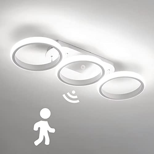 LED Deckenleuchte mit Bewegungsmelder Moderne Flur Deckenlampe mit Sensor Weiß Ring Design Deckenbeleuchtung für Treppe Wohnzimmer Balkon Küche Garage Veranda BüRo Lampen (6000K) von KZT
