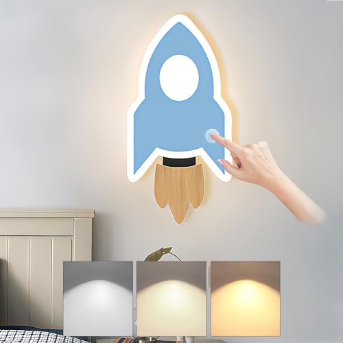 LED Holz Wandleuchte Kinder Wandleuchten mit Touch Schalter Modern Dimmbare Wandlampe Kinderzimmer Rakete Nachtlicht Kreativem Nachttischlampe für Jungen Mädchen Schlafzimmer Wohnzimmer Dekor von KZT