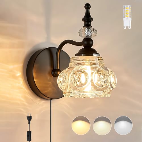 LED Innen Wandleuchte mit Stecker Dimmbar Nachttischlampe Moderne Schlafzimmer Lampe mit Kabel G9 Glas Wandlampe Retro Metall Wandbeleuchtung für Wohnzimmer Schlafzimmer Badezimmer Treppen Flurlampe von KZT