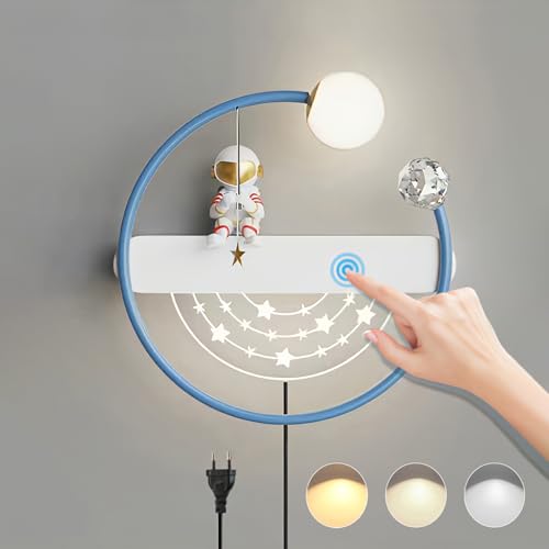 LED Innen Wandleuchte mit Touch Schalter Dimmbar Kinderzimmer Nachttischlampe Kinder Schlafzimmer Wandlampe mit Kabel Stecker Junge Mädchen Raumlampe 12W Astronaut Nachtlicht Für Wohnzimmer (Blau) von KZT