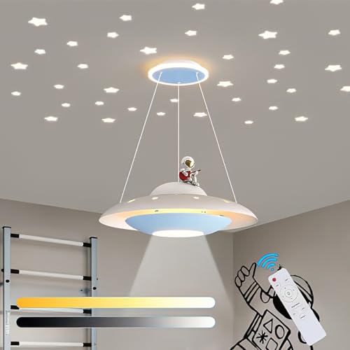 LED Kinder Deckenlampe Dimmbar Deckenleuchte mit Fernbedienung 36W Hängelampe Kinderzimmer Astronaut Planet Lampe Höhenverstellbar Pendellampe für Junge Mädche Schlafzimmer Kindergarten (A) von KZT