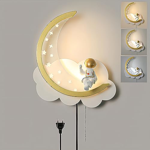 LED Kinder Wandlampe mit Zugschalter Innen Wandleuchte mit Kabel Stecker Dimmbar Kinderzimmer Wolke Nachttischlampe Junge Mädchen Zimmer Deko Nachtlicht Mond Astronaut Wandbeleuchtung Wohnzimmer Lampe von KZT