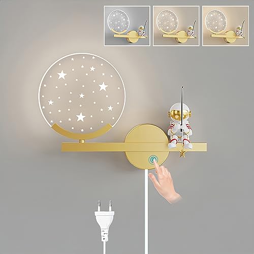 LED Kinder Wandleuchte mit Touch Schalter Dimmbar Kinderzimmer Wandlampe Schlafzimmer Nachttischlampe mit Kabel Stecker Junge Mädchen Raumlampe Astronaut Nachtlicht Innen Wandbeleuchtung, 8W von KZT