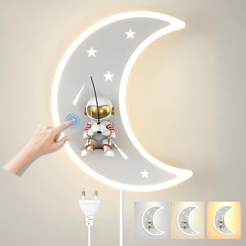 LED Kinder Wandleuchte mit Touch Schalter Mond Wandlampe mit Stecker Kinderzimmer Nachtlicht Junge Mädchen Raumlampe Dimmbar Modern Nacht Leseleuchte Innen Schlafzimmer Wohnzimmer von KZT