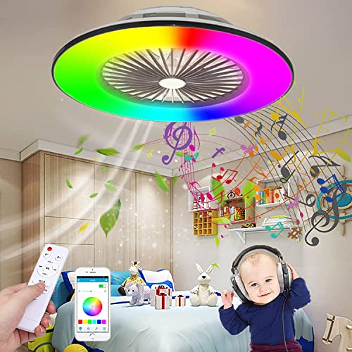 LED Musik Dimmbar Deckenventilator mit Beleuchtung und Fernbedienung RGB Fan Deckenleuchte Bluetooth Lautsprecher Modern Rund Lüfter Licht Leise Ventilator Deckenlampe Schlafzimmer Kinderzimmer Lampe von KZT