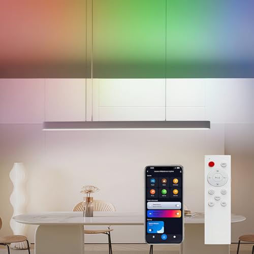 LED Pendelleuchte Esstisch RGB Dimmbar Hängeleuchte mit Fernbedienung App-Steuerung 90cm Moderne Lineare Design Hängelampe, Höhenverstellbar, für Küche Wohnzimmer, Weiße von KZT