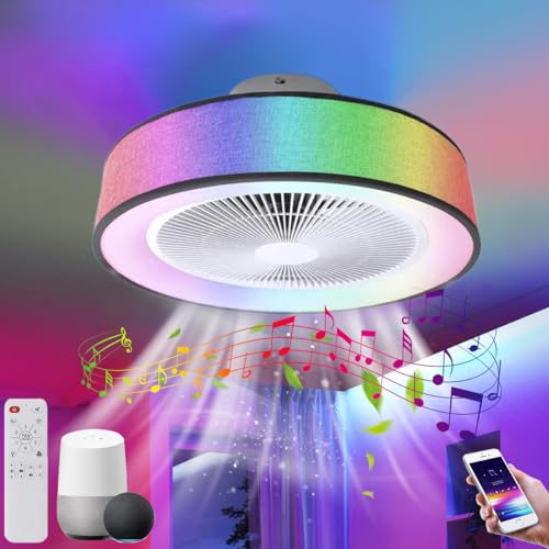 LED RGB Musik Deckenleuchte mit Ventilator und Fernbedienung Leise Deckenventilator mit Beleuchtung Dimmbare Ventilator Lampe mit Bluetooth Lautsprecher Lampenschirm aus Stoff Deckenlampe Lüfter Licht von KZT
