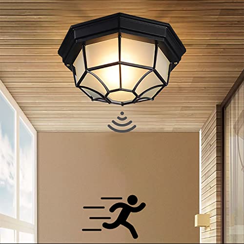 LED Retro Deckenlampe mit Bewegungsmelder,Wasserdichte IP54 Deckenleuchte aus Aluminium,Industrie Loft Rustikale Flurlampe,Antik Deckenbeleuchtung Außenlampe Decke Carport Überdachung Terrasse von KZT