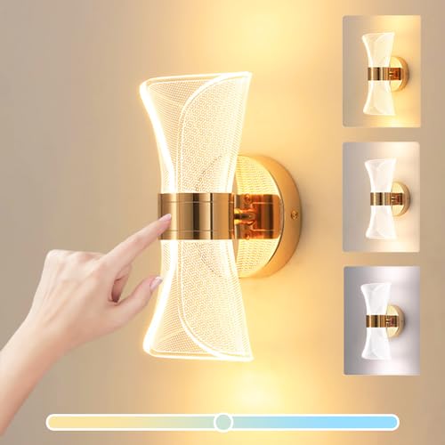 LED Wandlampe mit Schalter 12W Schlafzimmer Touch Control Wandleuchte Dimmbar Innen Leselampe Up Down Leuchte Schwarz Wandbeleuchtung für Gang Treppe Flur Dachgeschoss Küche Wohnzimmer, Gold von KZT