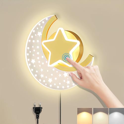 LED Wandleuchte mit Stecker Dimmbare Wandlampe Kinderzimmer Touch Schalter Mond Nachttischlampe Kinde Schlafzimmerlampe Modern Wohnzimmer Nachtlicht Innen Wandbeleuchtung Deko für Jungen Mädchen von KZT