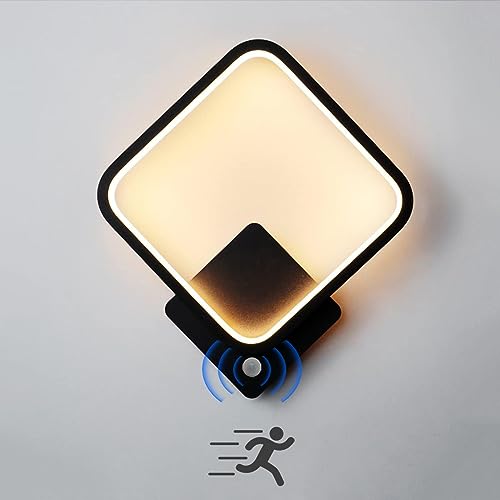 LED Wandleuchte mit Bewegungsmelder Innen Wandlampe mit Bewegungssensor Modern Wandbeleuchtung aus Aluminium Sensorlampe für Flur Korridor Treppenhaus Balkon Wohnzimmer Schlafzimmer Lampe (Schwarz) von KZT