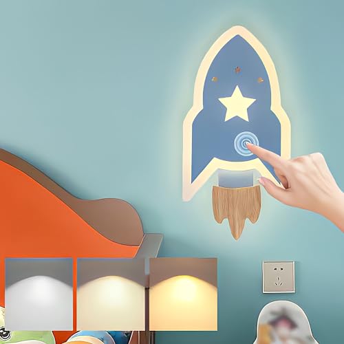 LED Wandleuchte mit Touch Schalter Dimmbar Holz Wandlampe 12W Kinder Rakete Nachtlicht Modern Innen Wandbeleuchtung für Jungen Mädchen Kinderzimmmer Schlafzimmer Nachttisch Wohnzimmer Treppen Flur von KZT