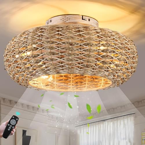 Lampe Mit Ventilator Leise Deckenventilator mit Beleuchtung und Fernbedienung E27 Retro Ventilator Deckenleuchte Vintage Rattan Bambus Fan Deckenlampe für Schlafzimmer Restaurant, 6-Gang Reversibler von KZT